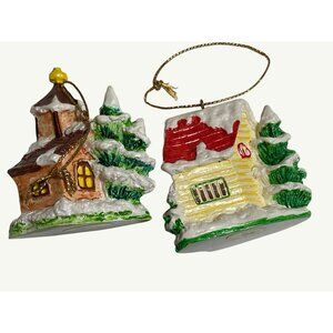 Russ Berrie Vintage Ceramic Christmas Ornaments Set Of 2 Church and Toy Shop
